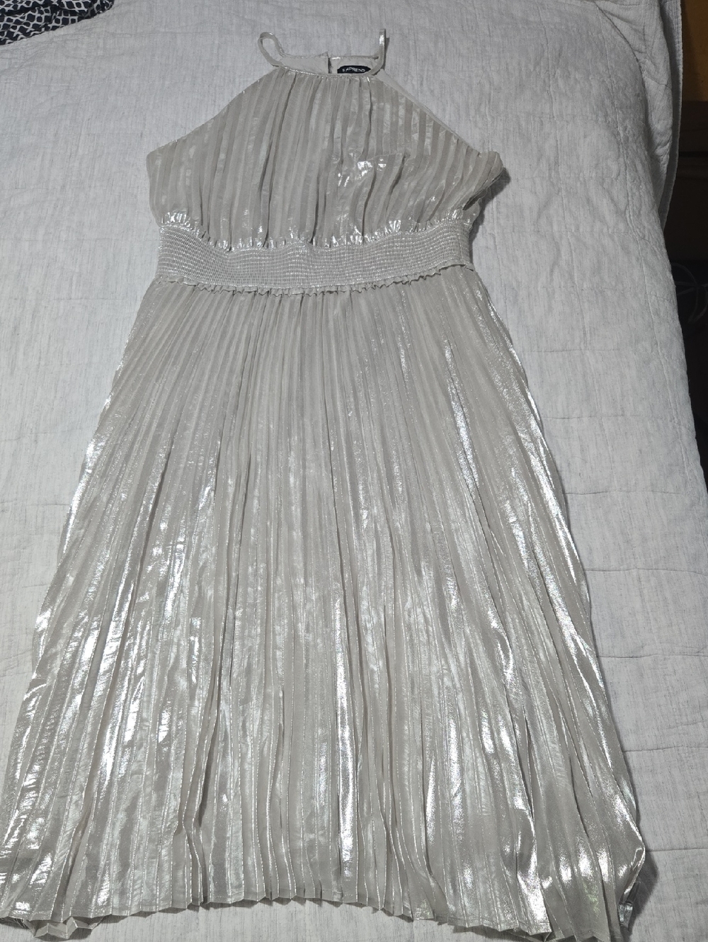 Express Metallic Pleated Halter Dress - Silver/Cream